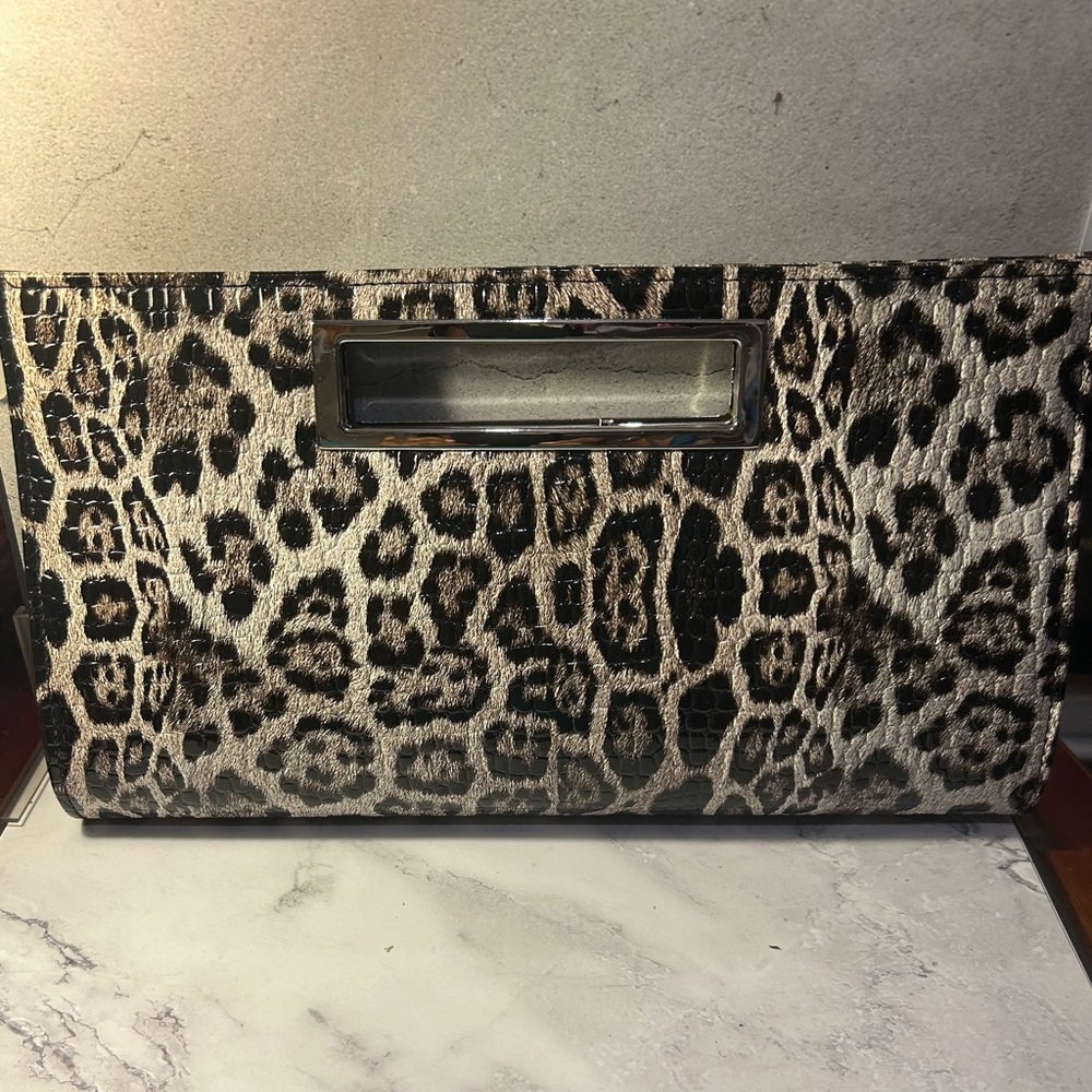 Patent Leather Leopard Print Clutch with a chain strap